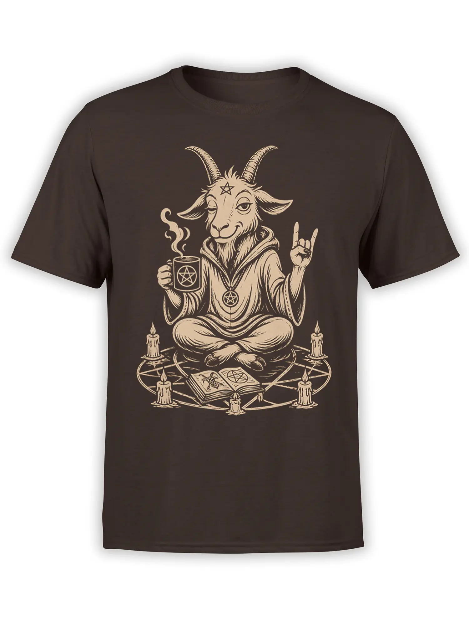 Horned goat mystic T-shirt in brown with pentagrams, candles, an open ritual book, and a steaming mug