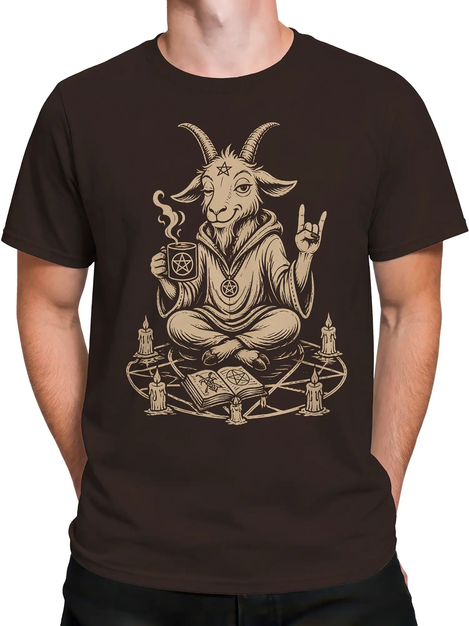 Male torso wearing a brown horned goat T-shirt with mystical pentagram and candle artwork in cream ink