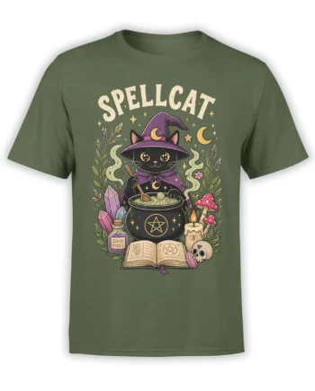 Black cat witch stirring a magical cauldron with crystals and a spellbook on a green shirt