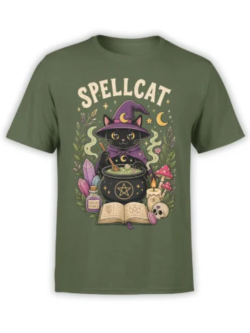 Black cat witch stirring a magical cauldron with crystals and a spellbook on a green shirt