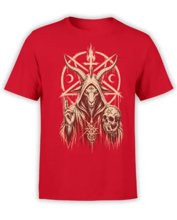 Red T-shirt featuring a hooded goat-headed oracle, third eye, skull, moons, and occult symbols