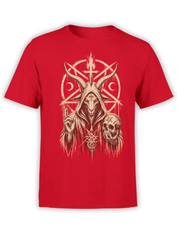 Red T-shirt featuring a hooded goat-headed oracle, third eye, skull, moons, and occult symbols