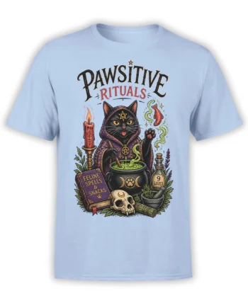 Light blue T-shirt with a mystical black witch cat, glowing potion cauldron, skull, candle, and spellbook