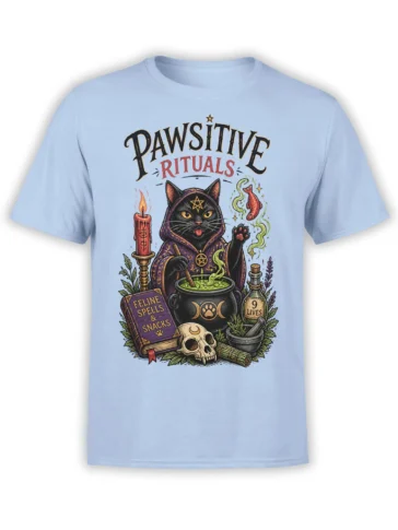 Light blue T-shirt with a mystical black witch cat, glowing potion cauldron, skull, candle, and spellbook