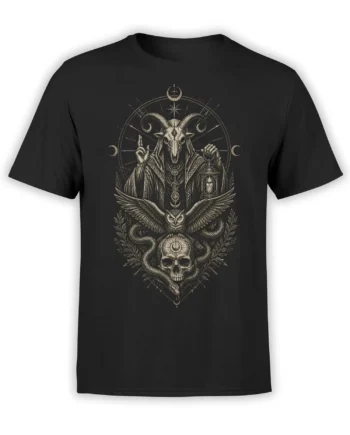 Black T-shirt with horned robed oracle, owl, snake, skull, moons, and lantern occult artwork