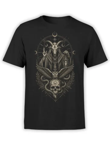 Black T-shirt with horned robed oracle, owl, snake, skull, moons, and lantern occult artwork