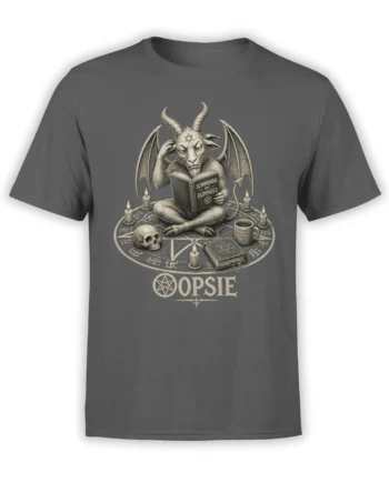 Gray T-shirt with a horned winged creature reading a summoning book inside a candlelit occult circle