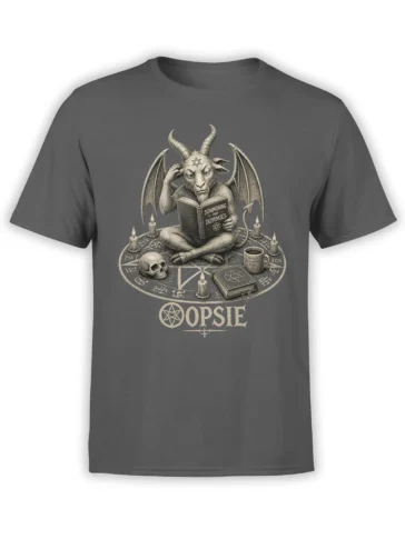 Gray T-shirt with a horned winged creature reading a summoning book inside a candlelit occult circle