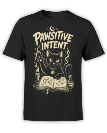 Black cat t-shirt with raised paw, spellbook, candle, moon, pentagram, and “PAWSITIVE INTENT” design