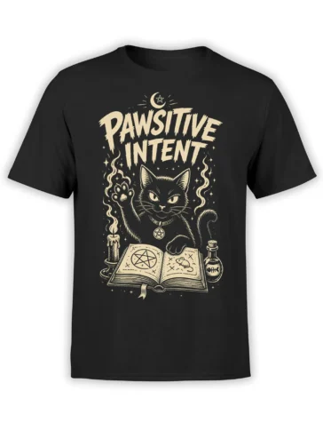 Black cat t-shirt with raised paw, spellbook, candle, moon, pentagram, and “PAWSITIVE INTENT” design