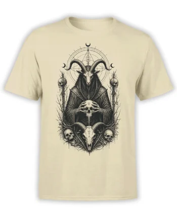 Beige goat t-shirt with a robed horned figure, skulls, crescent moons, and mystical black linework