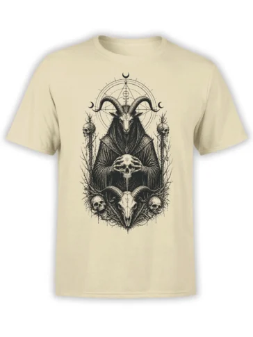 Beige goat t-shirt with a robed horned figure, skulls, crescent moons, and mystical black linework