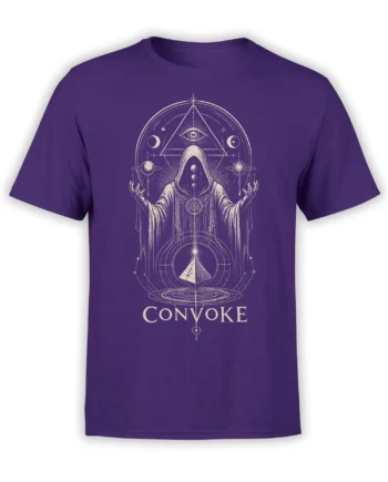 Purple fantasy T-shirt with an ivory hooded cosmic figure, third eye, planets, moons, and CONVOKE text