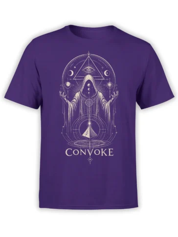 Purple fantasy T-shirt with an ivory hooded cosmic figure, third eye, planets, moons, and CONVOKE text