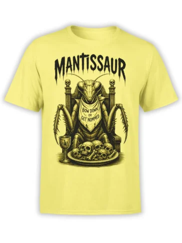 Yellow T-shirt with a praying mantis monarch on a throne, skulls, and “Bow Down or Get Nommed” lettering