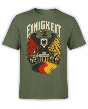 German eagle graphic with shield, historic architecture, and black-red-gold details on an olive green T-shirt