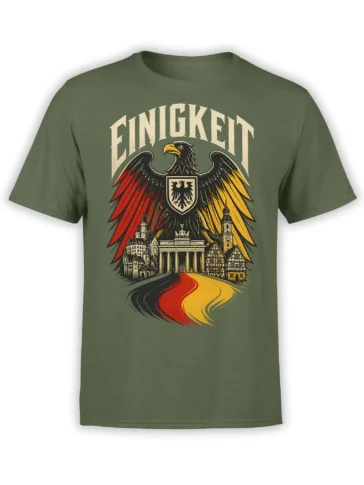 German eagle graphic with shield, historic architecture, and black-red-gold details on an olive green T-shirt
