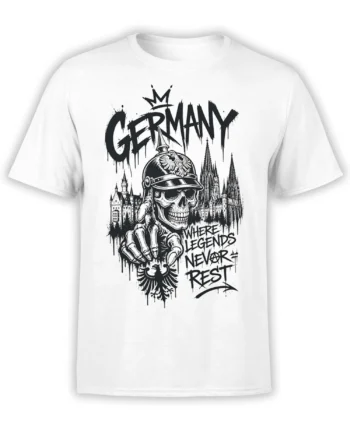 White Germany T-shirt with a helmeted skeleton, gothic skyline, heraldic eagle, and dark legend lettering