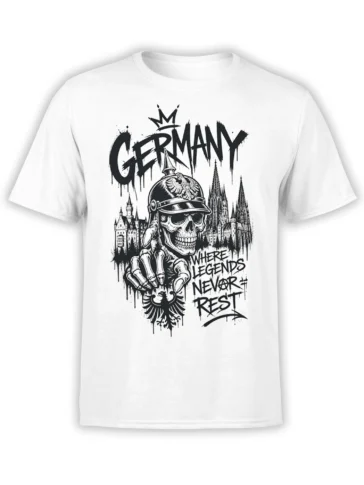 White Germany T-shirt with a helmeted skeleton, gothic skyline, heraldic eagle, and dark legend lettering