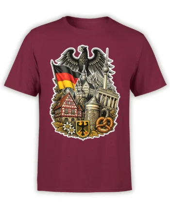 Front view of a burgundy Germany T-shirt with an eagle, German flag, castle, landmarks, pretzel, and beer stein