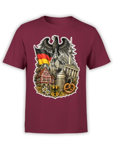 Front view of a burgundy Germany T-shirt with an eagle, German flag, castle, landmarks, pretzel, and beer stein
