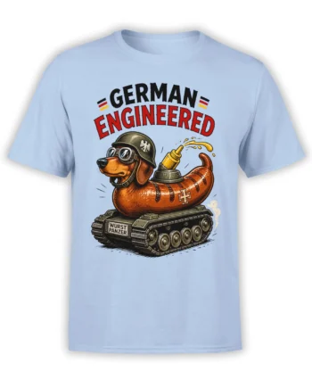 Light blue dog T-shirt with a goggle-wearing sausage dog riding a tank and German-inspired lettering