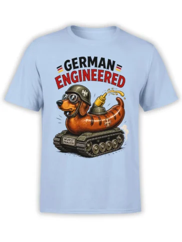 Light blue dog T-shirt with a goggle-wearing sausage dog riding a tank and German-inspired lettering