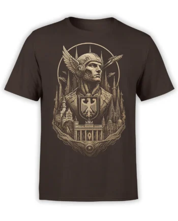 Dark brown T-shirt with a sepia winged helmet warrior, eagle crest, arrows, towers, and grand city architecture