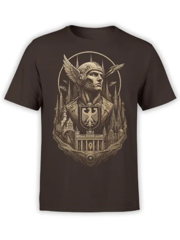 Dark brown T-shirt with a sepia winged helmet warrior, eagle crest, arrows, towers, and grand city architecture