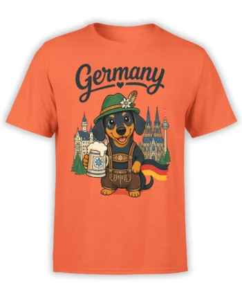Orange Germany dog T-shirt featuring a cheerful folk-dressed dog holding a foamy beer stein