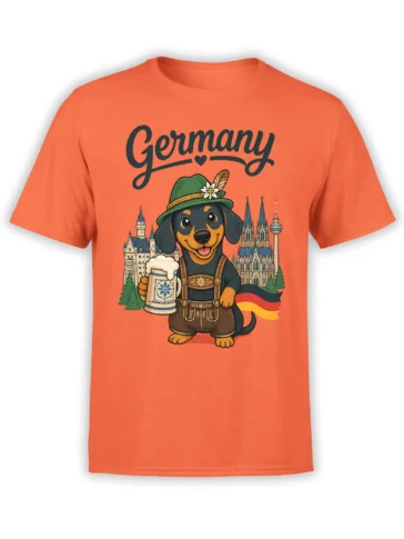 Orange Germany dog T-shirt featuring a cheerful folk-dressed dog holding a foamy beer stein