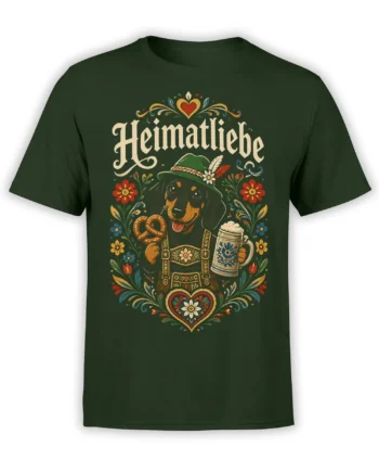 Dark green dog T-shirt with an alpine-dressed dog holding a pretzel and beer stein