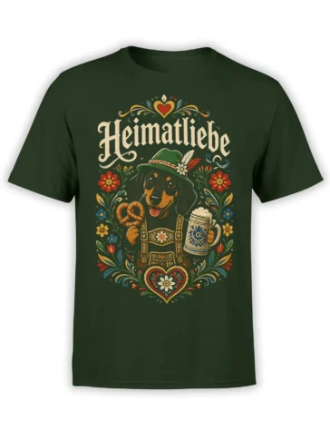 Dark green dog T-shirt with an alpine-dressed dog holding a pretzel and beer stein