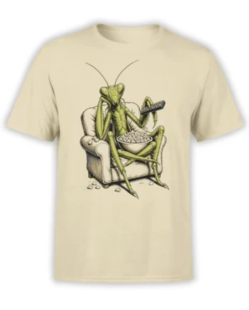 Praying mantis lounging in an armchair with cereal and a remote on a beige graphic T-shirt
