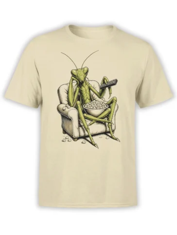 Praying mantis lounging in an armchair with cereal and a remote on a beige graphic T-shirt