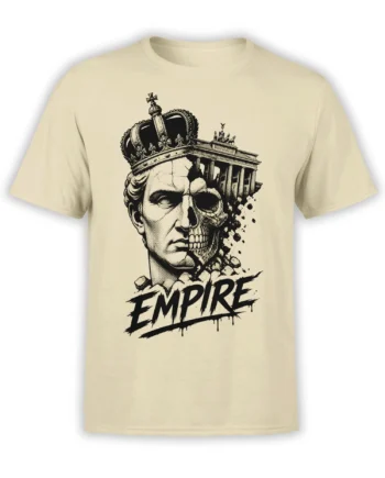 Beige T-shirt with a crowned ruler and skull split-face Empire design in black ink