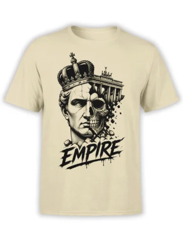 Beige T-shirt with a crowned ruler and skull split-face Empire design in black ink
