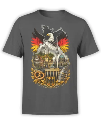 German heritage eagle design with Berlin landmarks, mountain castle, pretzel, and beer stein on a gray T-shirt