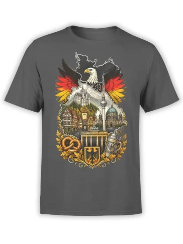 German heritage eagle design with Berlin landmarks, mountain castle, pretzel, and beer stein on a gray T-shirt