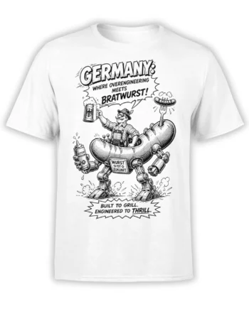 White German bratwurst T-shirt with a mustached engineer piloting a mechanical sausage machine