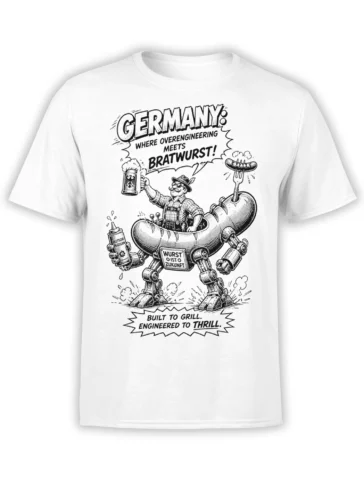 White German bratwurst T-shirt with a mustached engineer piloting a mechanical sausage machine