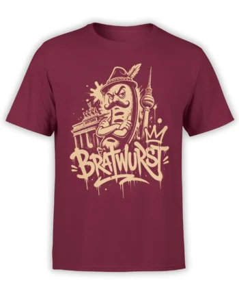 Brainwurst bratwurst character with mustache, feathered hat, Berlin landmarks, and cream lettering on a burgundy shirt