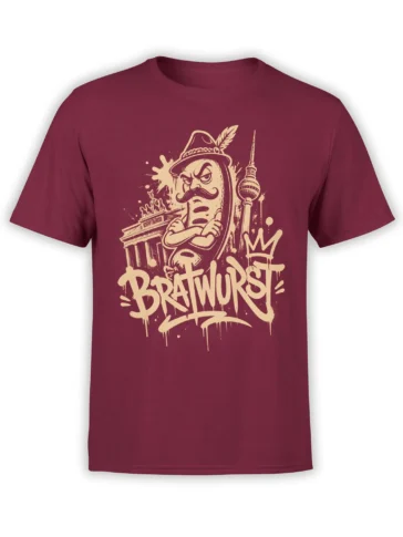 Brainwurst bratwurst character with mustache, feathered hat, Berlin landmarks, and cream lettering on a burgundy shirt