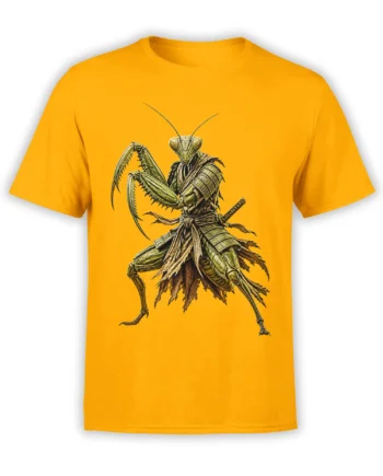Yellow T-shirt featuring a detailed praying mantis in samurai-style armor with a sword