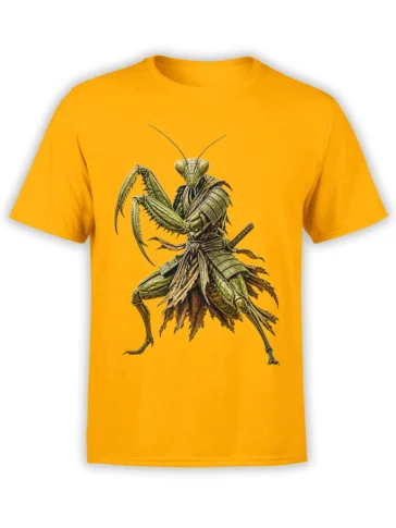 Yellow T-shirt featuring a detailed praying mantis in samurai-style armor with a sword