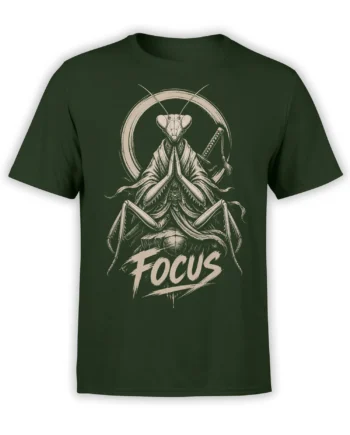 Praying mantis monk warrior with katana and Focus lettering on a dark green T-shirt
