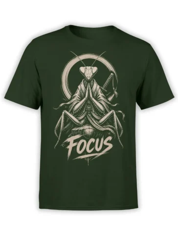 Praying mantis monk warrior with katana and Focus lettering on a dark green T-shirt