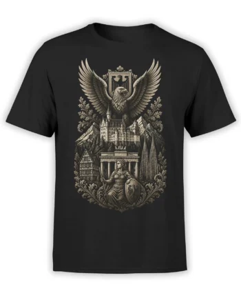 Vintage heraldic eagle T-shirt with armored woman, castle, mountains, and historic buildings on black