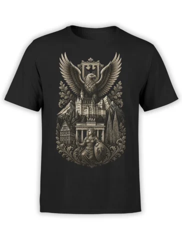 Vintage heraldic eagle T-shirt with armored woman, castle, mountains, and historic buildings on black