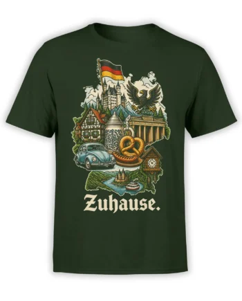 Dark green T-shirt with a vintage German collage of castles, mountains, pretzel, beer stein, classic car, and Zuhause text